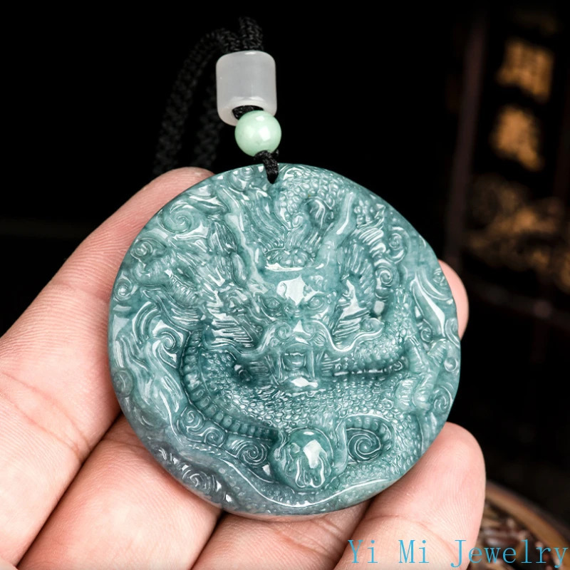 100% A-grade jade pendant blue faucet double-sided carved gemstones ice jade mens and womens fashionable jade necklaces 241119