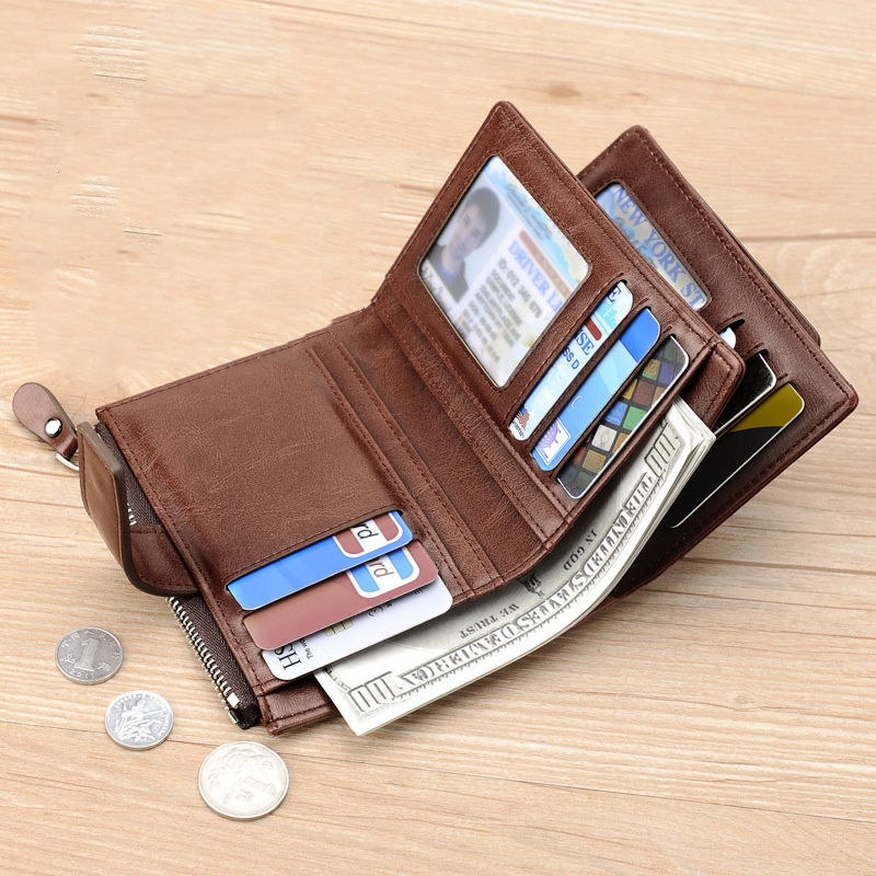 Men's RFID-Blocking Leather Zippered Wallet with Business Card Holder - Elegant PU Material