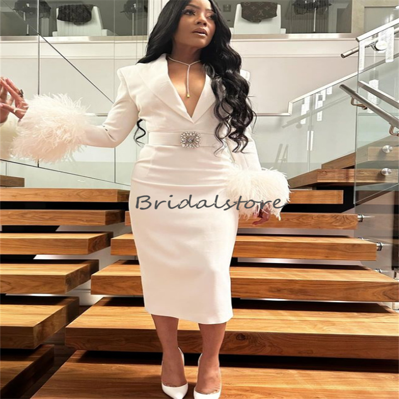 Aso Ebi White Feather Prom Dresses With Long Sleeve Sexy V Neck Tea Length Midi Evening Dress Black Women Holiday Outfit Vestios De Gala 2024 Cocktail