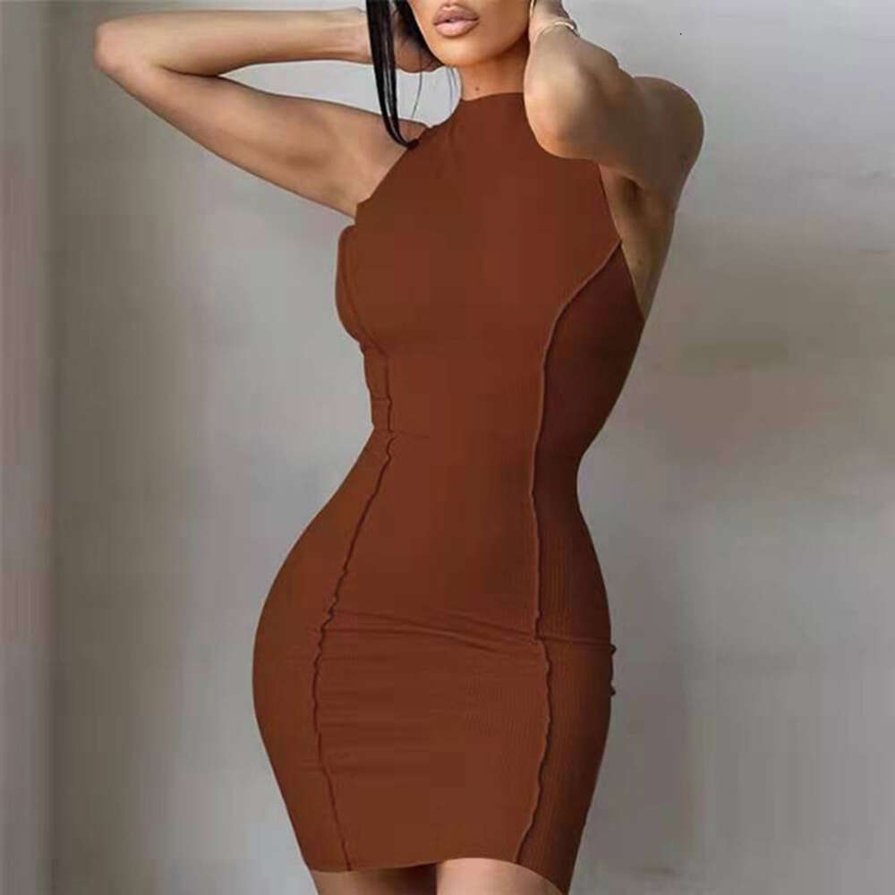 2024I Summer New INS Women's Round Neck Sleeveless Solid Color Fashion Slim Fit Wrap Hip Dress F41915