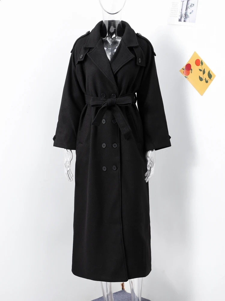 Elegant Wool Blend Coat Women Fashion Loose Lapel Lace Up Overcoat Female Autumn Winter Lady High Street Outerwear 241119