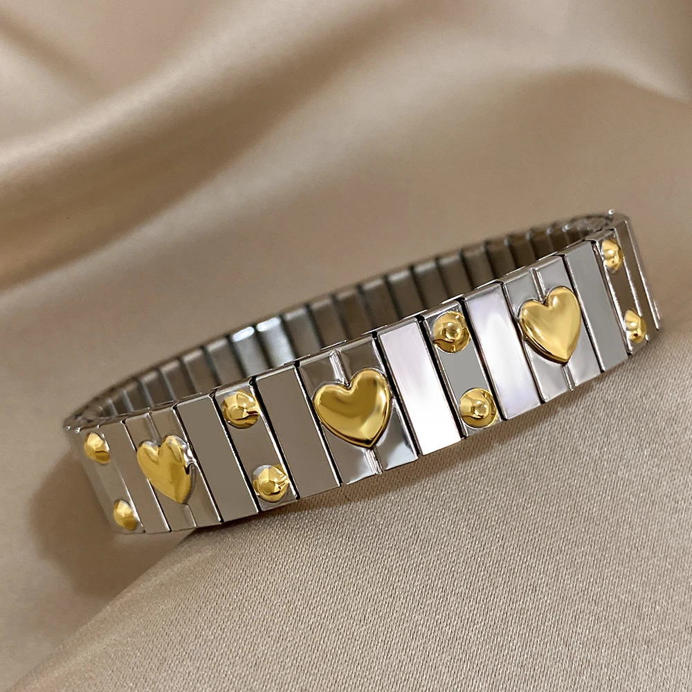 Vintage Stainless Steel Bangles Bracelet Classic Elasticity Love Heart Bangle for Women Wristband Waterproof Jewelry Gifts 240410