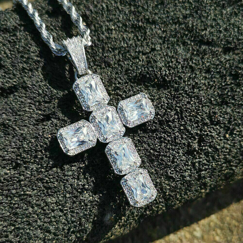 Hip Hop Cross Pendant: 10KT White Gold Fill Princess Cut Cubic Zirconia Vintage Jewelry Necklace for Men and Women