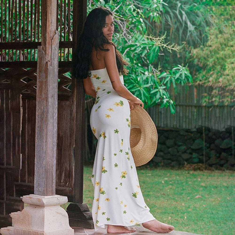 Instagram Holiday Style Sexy Wrapped Chest 2024 New Slim Fit Flower Print Split Long Dress F41921