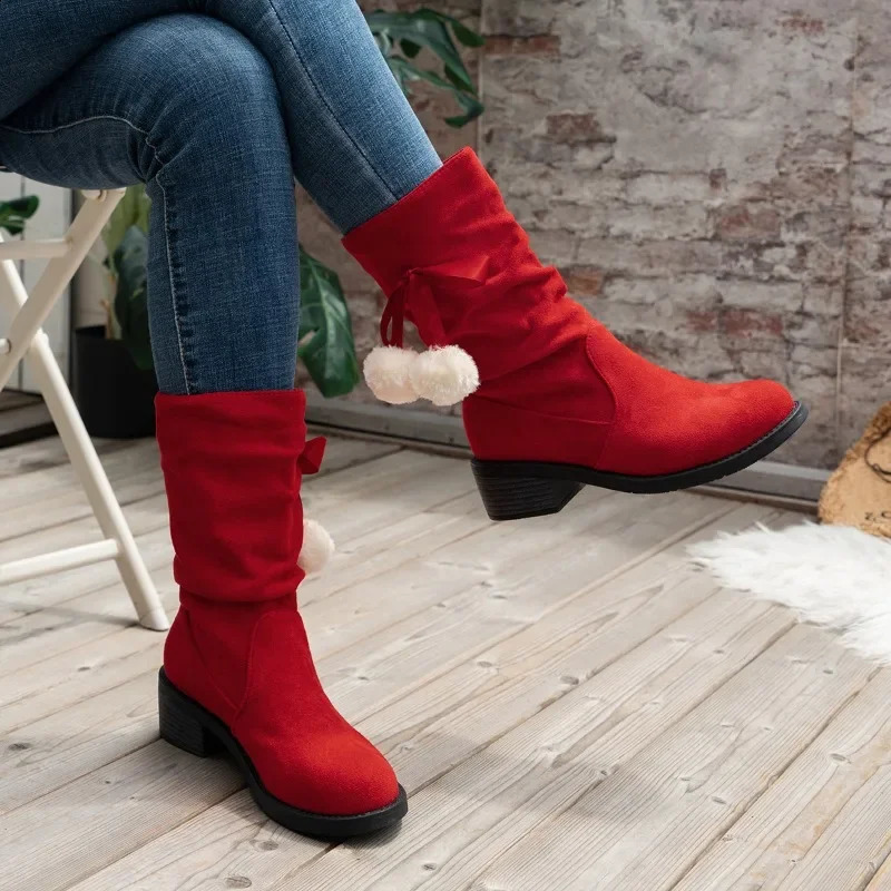 2024 Winter Womens Fluffy Bowknot Ball Decor Boots Slip on Casual Chunky Heel Suede Boots Christmas Mid Calf Boots 241118