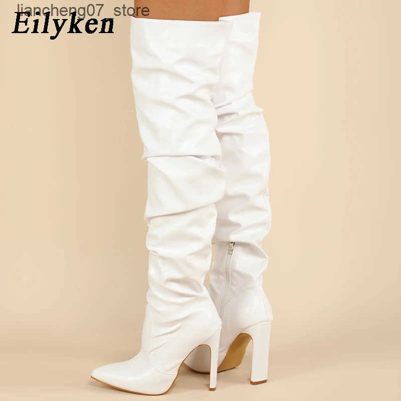 Eilyken Pleated Thigh High Boots Fashion Pointed hot Toe Zip Female Stiletto Square Heels Design White Black Brown Womens Shoes J241119