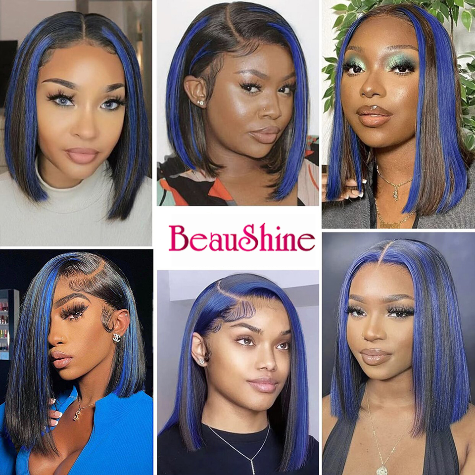 1B Blue Highlight Straight Bob Wig 13x4 Lace Frontal Human Hair Bob Wigs Ombre Straight Short Lace Front Bob Wig