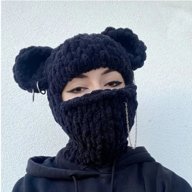 Bear Ears Crochet Balaclava Women Handmade Chain Circle Knitted Hat Fashion Party Chenille Mask Warm Ear Protection Skullies Cap 240419