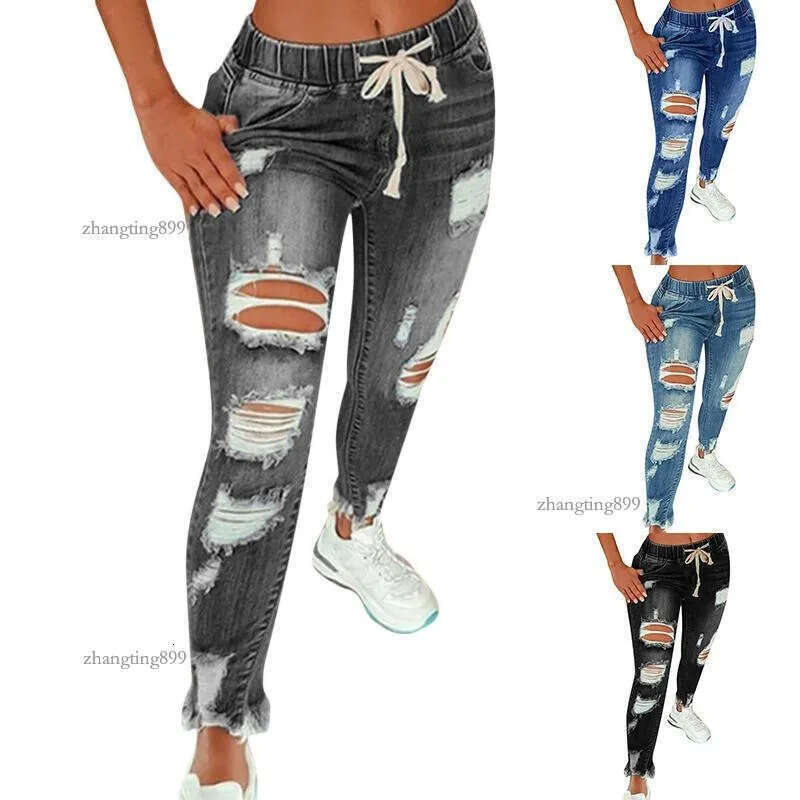 Women's Jeans 2021 Elastic Waist Drawstring Denim For Women Sexy Ripped Hole Stretch Jean Ladies Plus Size Pencil Bandage Long Pants