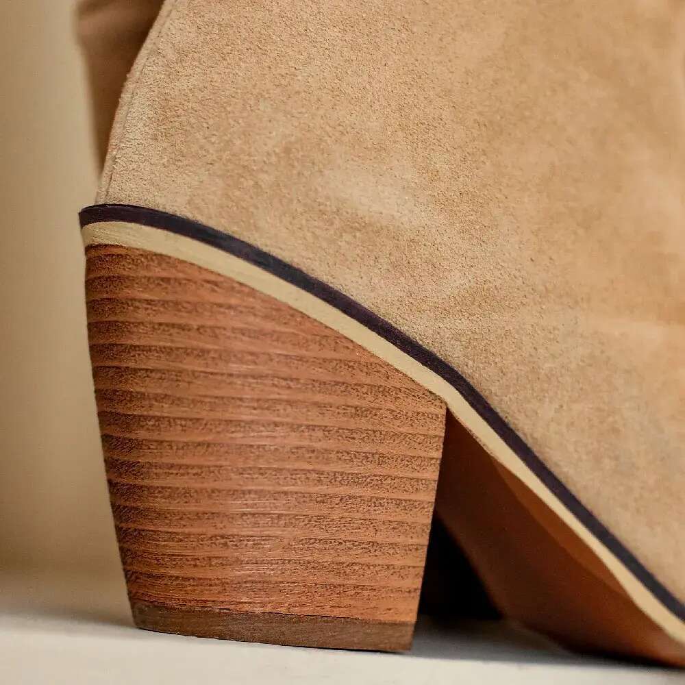 Women's natural suede leather thick heel pointed toe pleated autumn knee high elegant ladies warm long boots shoes 1850