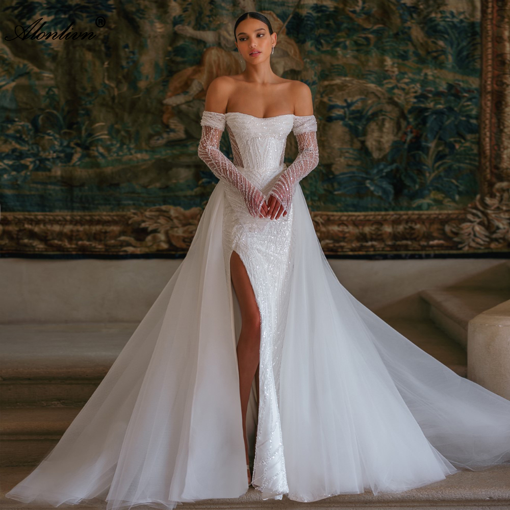 Elegance Beading Sequined And Pearls Lace Ruched Strapless 2 In 1 Mermaid Wedding Dress With Removable train Off Shoulder Full Sleeves Trumpet Bridal 