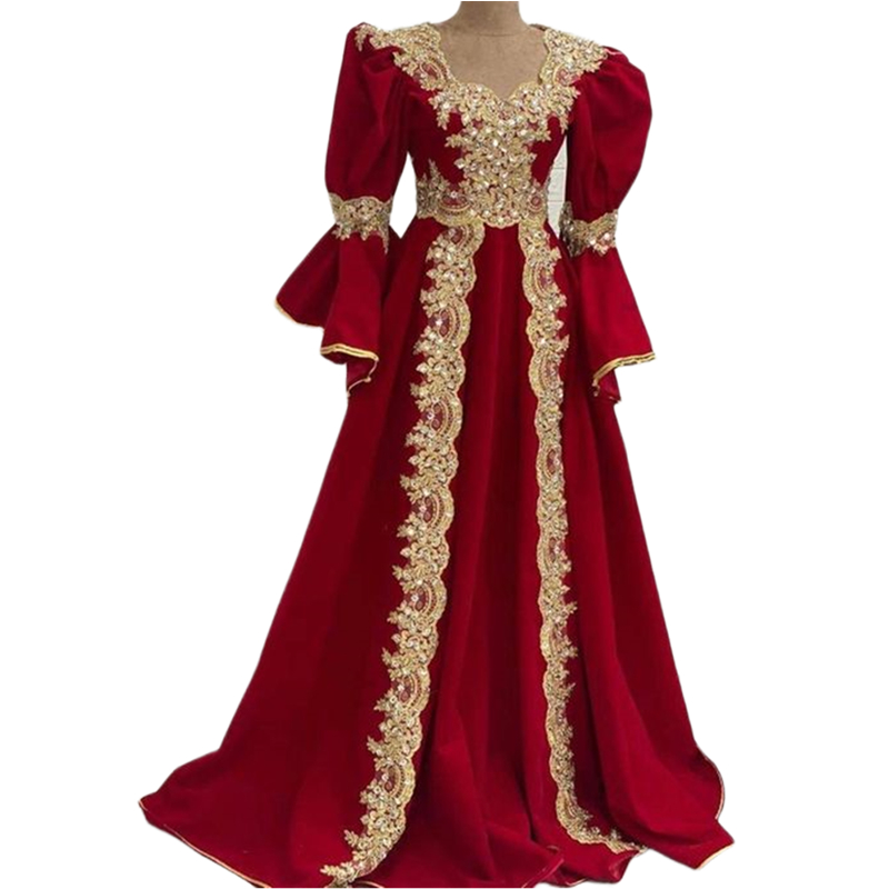 Elegant Arabic Kaftan Red Satin Evening Dresses Flare Long Sleeves Floor Length Ball Gown Prom Dress For Women 2024 Gold Lace Appliques Crystal Beaded