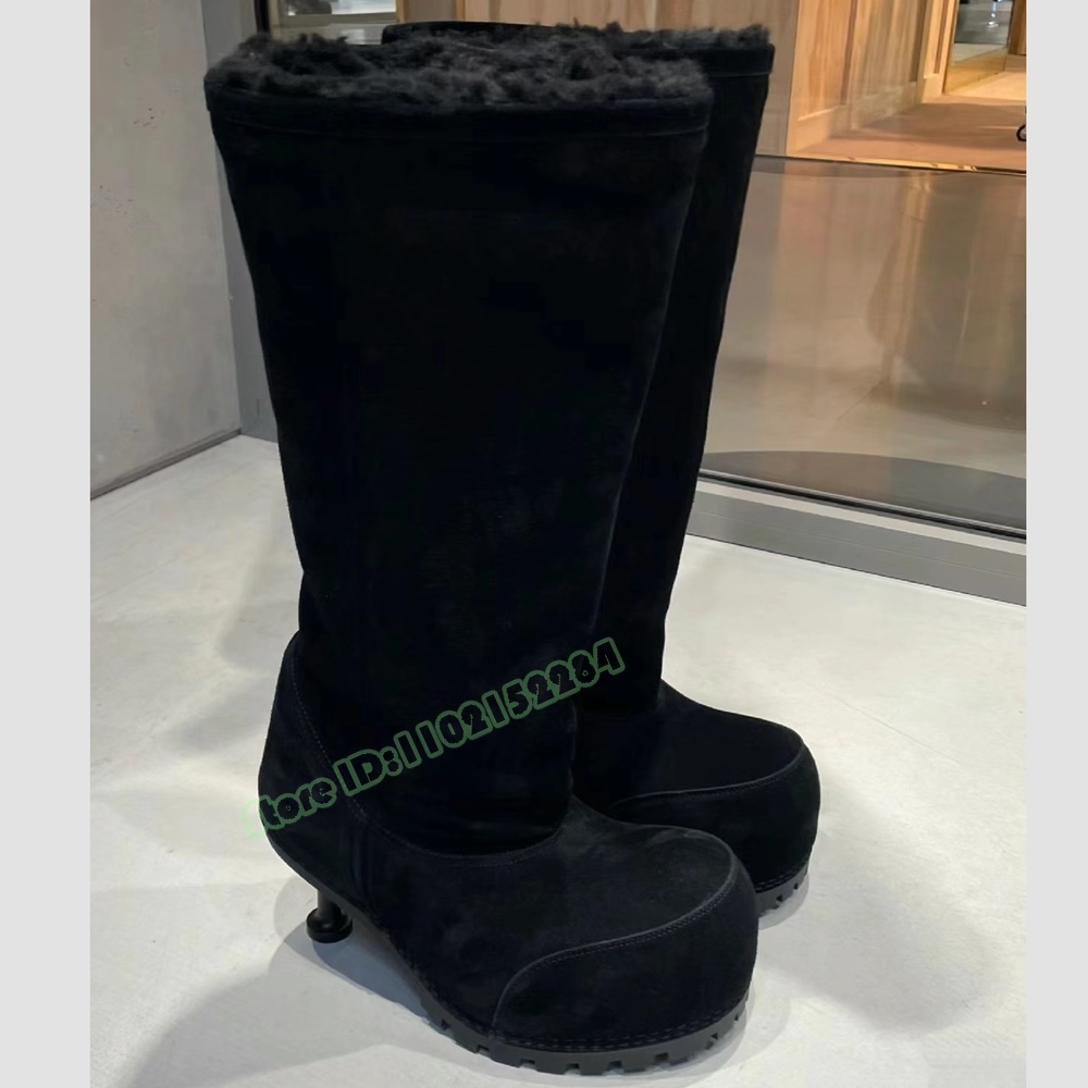 Fur Suede Knee Round Big Toe Thin High Heels Solid Women Shoes Winter Party Designer Slip On Long Warm Boots