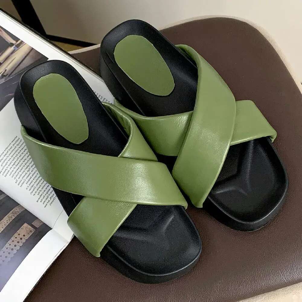 Women's thick sole platform slip-on summer slippers soft comfortable sheepskin casual female sandals open toe slides shoes women b010