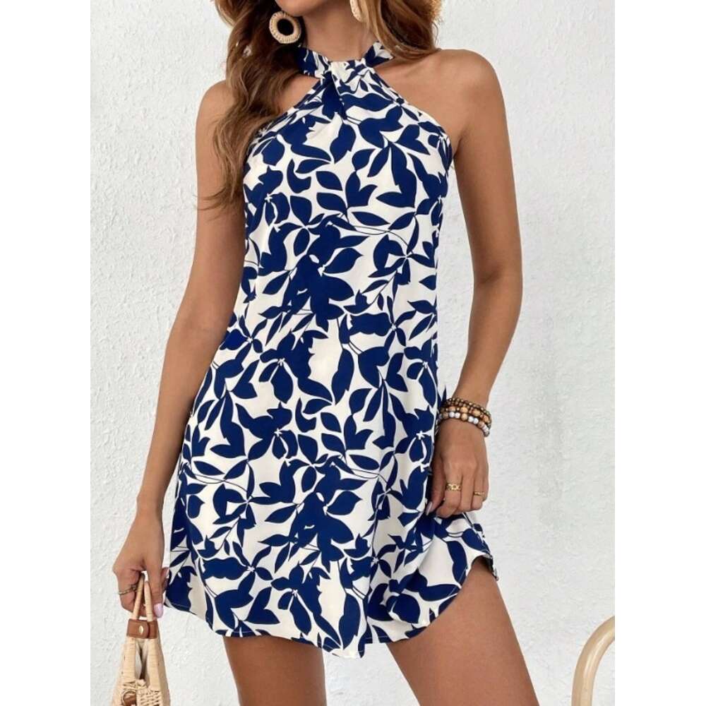 Women's 2024 Spring/summer Sleeveless Sexy Backless Short Skirt with Ruffle Edge Printed Hanging Neck Dress F41930