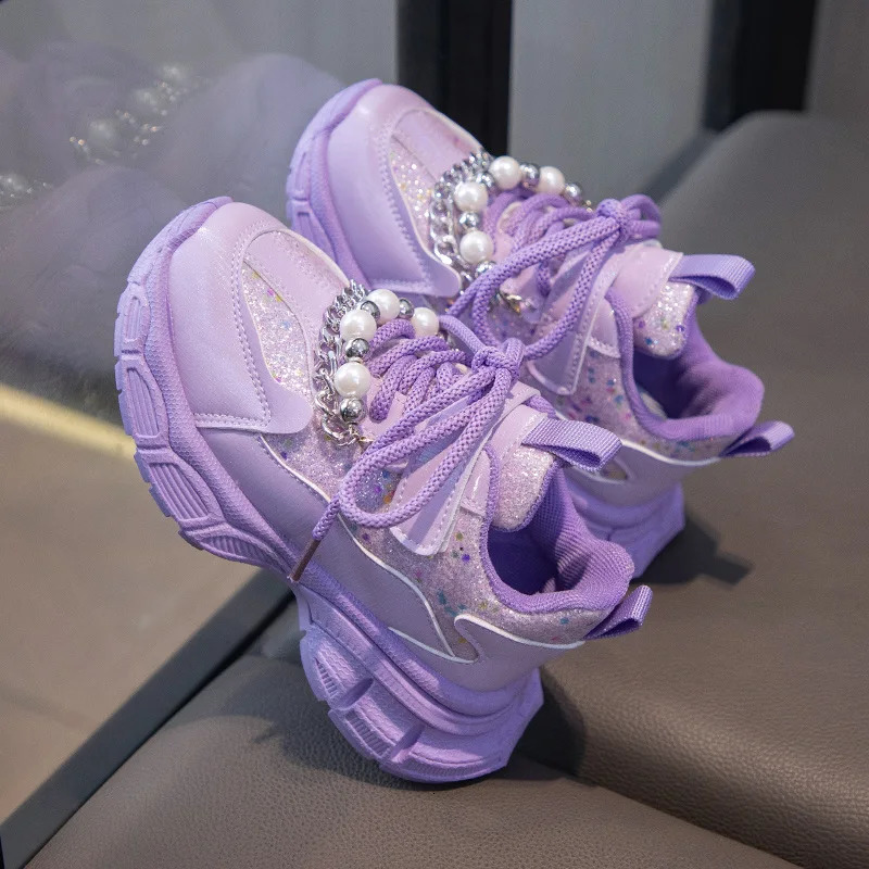 Kids Sneakers Girls Spring Fashion Shiny with Pearl Running Sport Shoes Children Nonslip Trainers Student Casual 241118