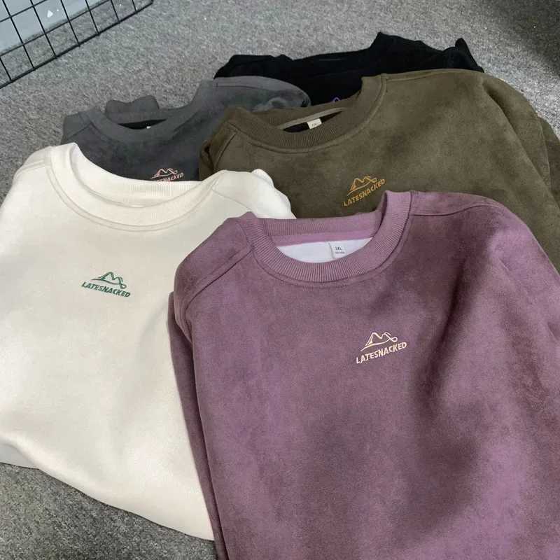 Trendy Streetwear Suede Crew Neck Sweatshirt Men Women Sweatshirt Embroidered Pattern Heavy Weight Couple Pullover Sweatshirts M250311