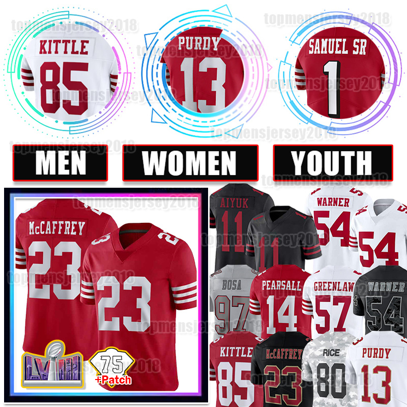 Christian McCaffrey Jersey George Kittle Football Brock Purdy Niners Deebo Samuel Ricky Pearsall Nick Bosa Fred Warner Brandon Aiyuk Deommodore Lenoir Steve Young