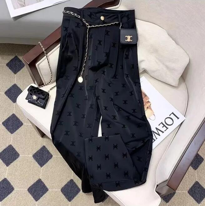 Women's high waist pants with belt logo print black color long trousers plus size SMLXLXXL3XL4XL