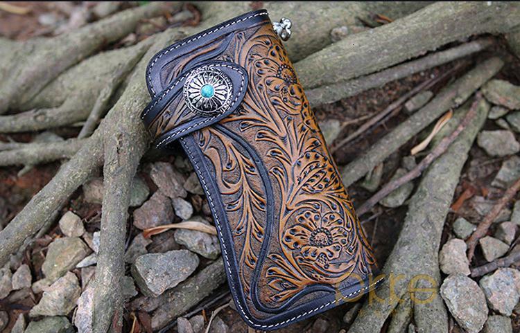 Genuine Leather Handmade Craved Wallet New Vintage Ral Hasp Men And Women Long Wallets Card Holder Vintage Style BagVoyage