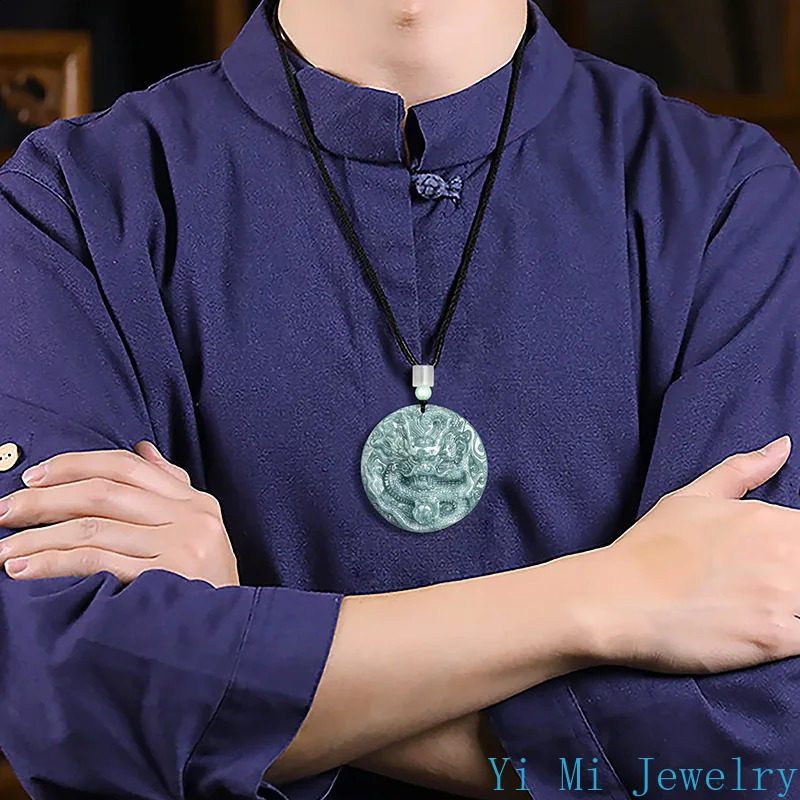 100% A-grade jade pendant blue faucet double-sided carved gemstones ice jade mens and womens fashionable jade necklaces 241119