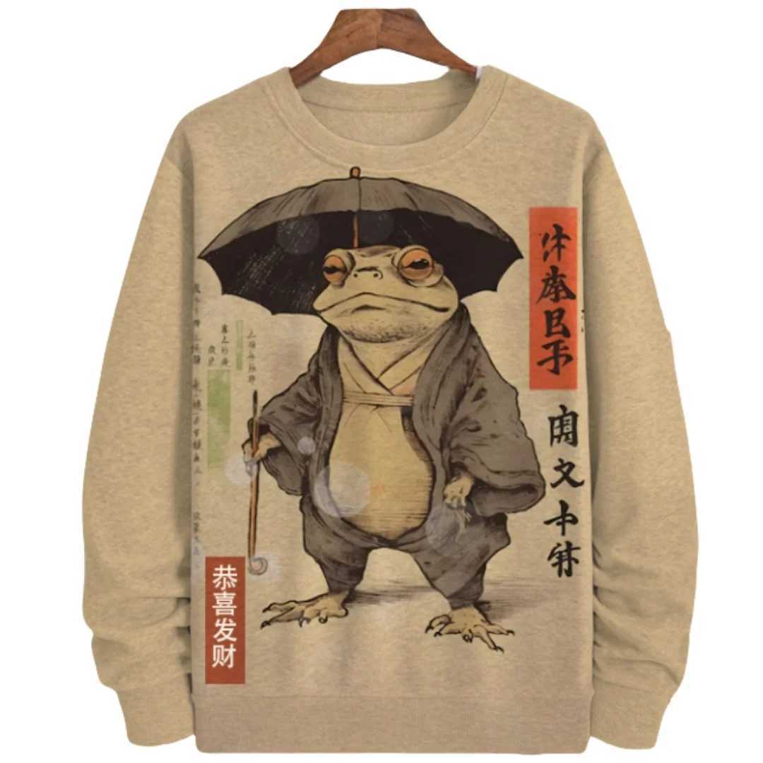 New Arrival Japanese style frog print mens sportswear streetwear round neck long Sve plow casual hooded sportswear mens clothing 5XL Z241118