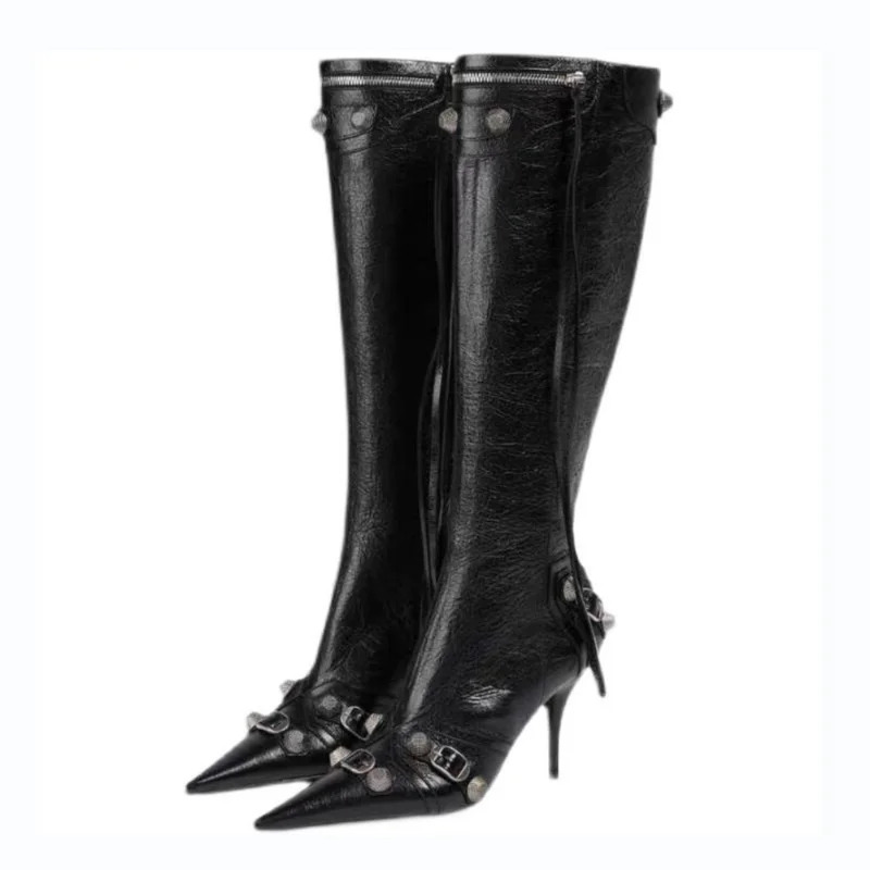 2023 Women's New Pointed Rivet European And American Sexy Spicy Girls High Heel Motorcycle Over Knee Zipper Boots