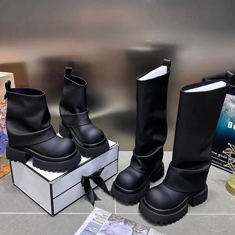 Platform Women High Boots er Mid Heels Motorcycle Boots Fashion Laether Winter Shoes Trend Gladiator Femme Chaussures 241118