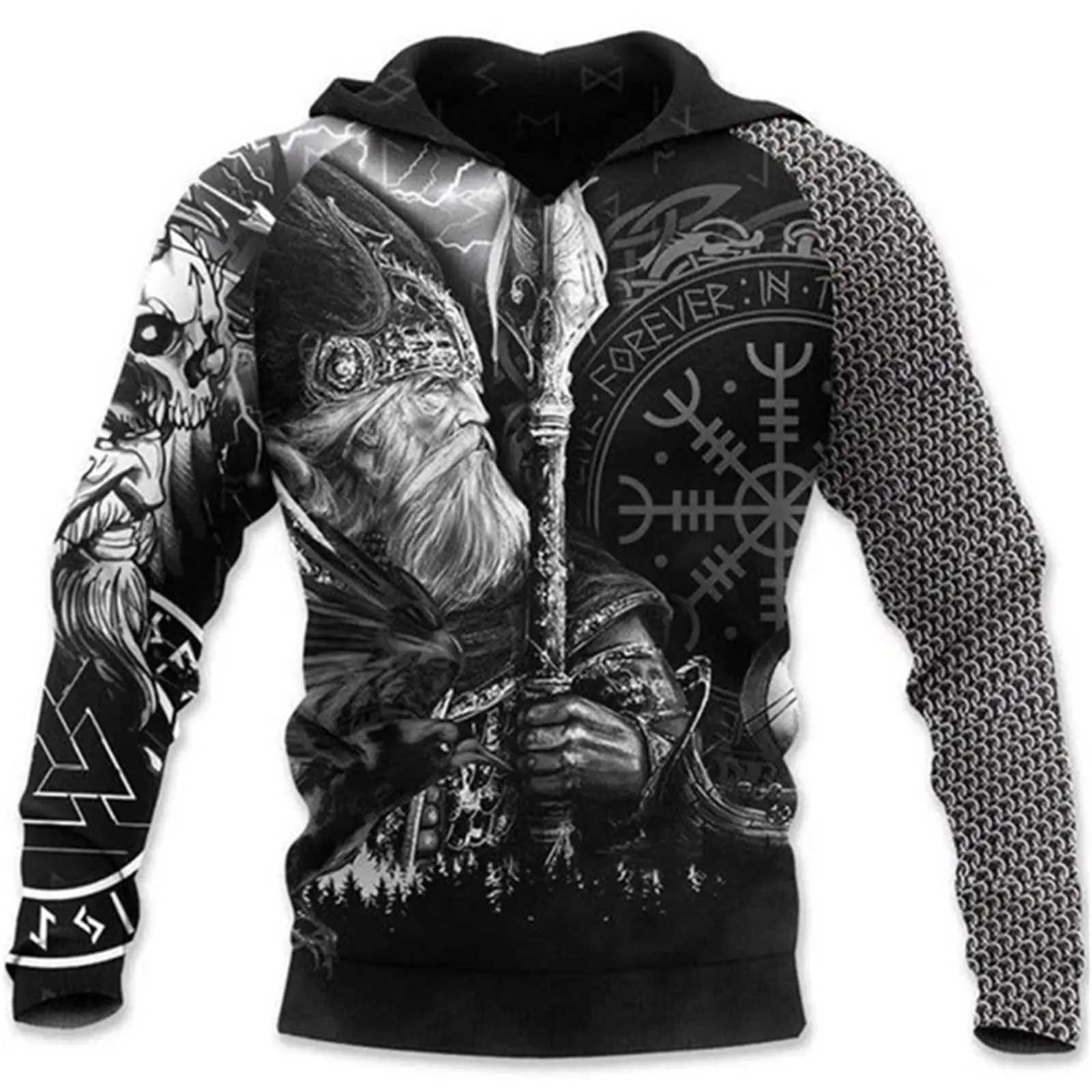 New Arrival Mens Viking Hoodie Retro Casual Viking Warrior Odin 3D Printed Long Sved Sweatshirt Plover Hoodie Top Z241118