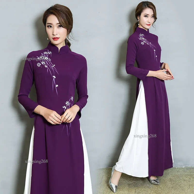 Vietnam Ao Dai Patchwork Tight Dress for Woman Chinese Traditional Costumes Qipao Cheongsams Flower Female Oriental Outfits