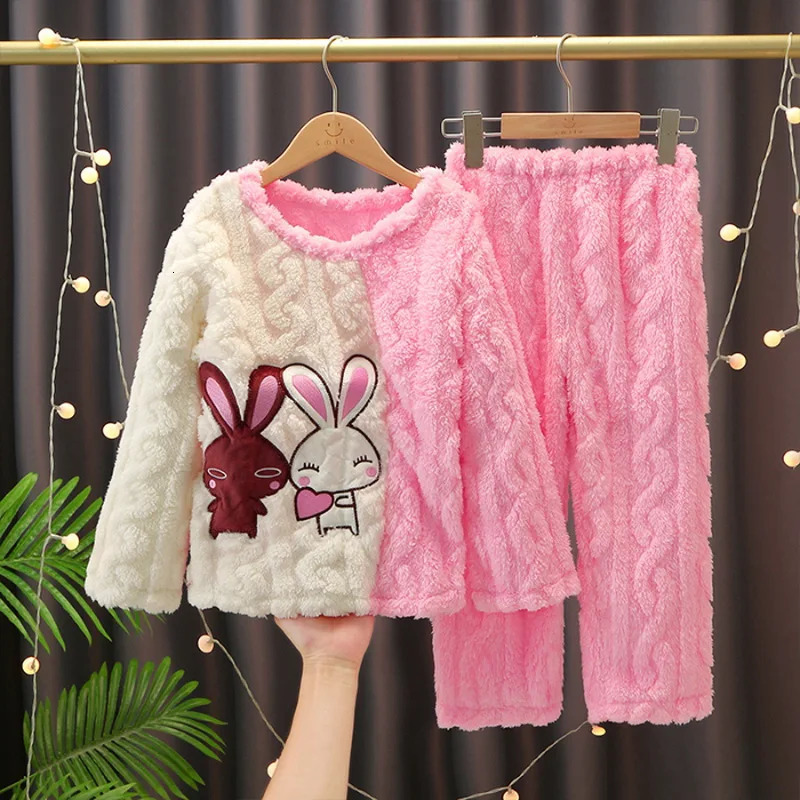 girls warm and thick autumn and winter flannel pajamas childrens coral plush cartoon pajamas 241118