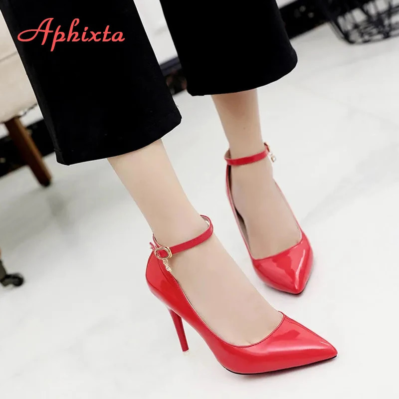 Aphixta 3.94inch Stiletto Heels Crystals Metal Buckle Pumps Women Pointed Toe Patent Leather Shoes Office Super Big Size 50 241118
