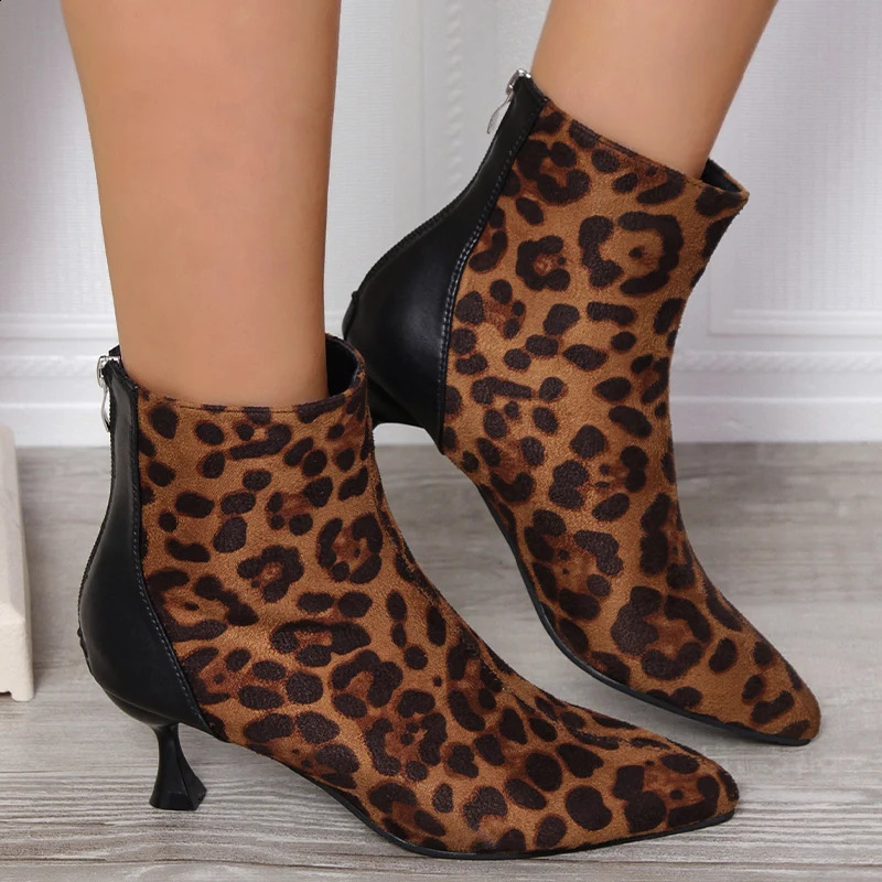 Leopard Pointed Toe Women Snow Ankle Boots Suede Mid Heels Sexy Shoes Winter Fad Chelsea Boots Trend er Botas Mujer 241118