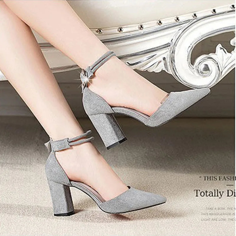 2024 Summer Square High Heels Women Shoes Flock Pointed Sandals Sexy Female Sandalias Shoes Ankle Buckle 6cm Heel Casual Pumps 241118