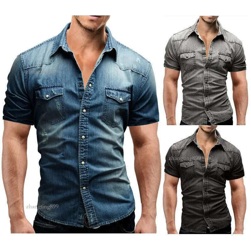 Men Spring Summer Denim Thin Shirt Short Sleeve Soft Cotton Two Pockets Slim Slight Elastic Jeans Cowboy Clothing Men's Casual Shirts