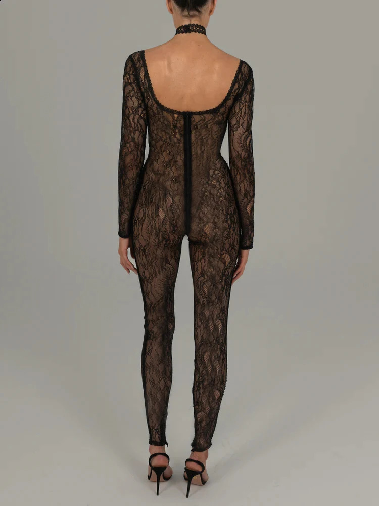 Mozision lace See Through long sleeved sexy jumpsuit square collarless tight night club party jumpsuit elegant clothing 241115