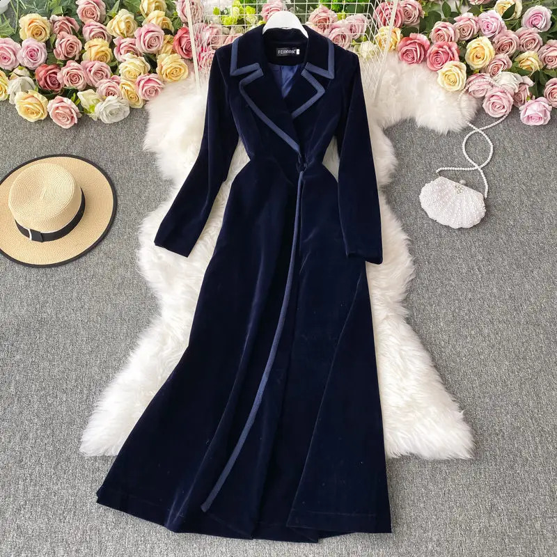 Autumn And Winter Black Velvet Blazer Dress Long Over The Knee Fashion Temperament Maxi Windbreaker Jacket Women Slim Coat 241119