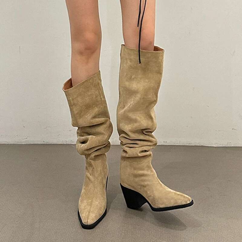Designer Vintage Women Knee High Boots Fashion Slip On Long Booties Autumn Winter Thick Heels Ladies Shoes