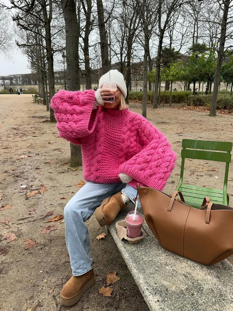 large high neck knitted pullout womens lazy round neck twisted solid womens sweater 2024 autumn and winter warm womens sweater 241119