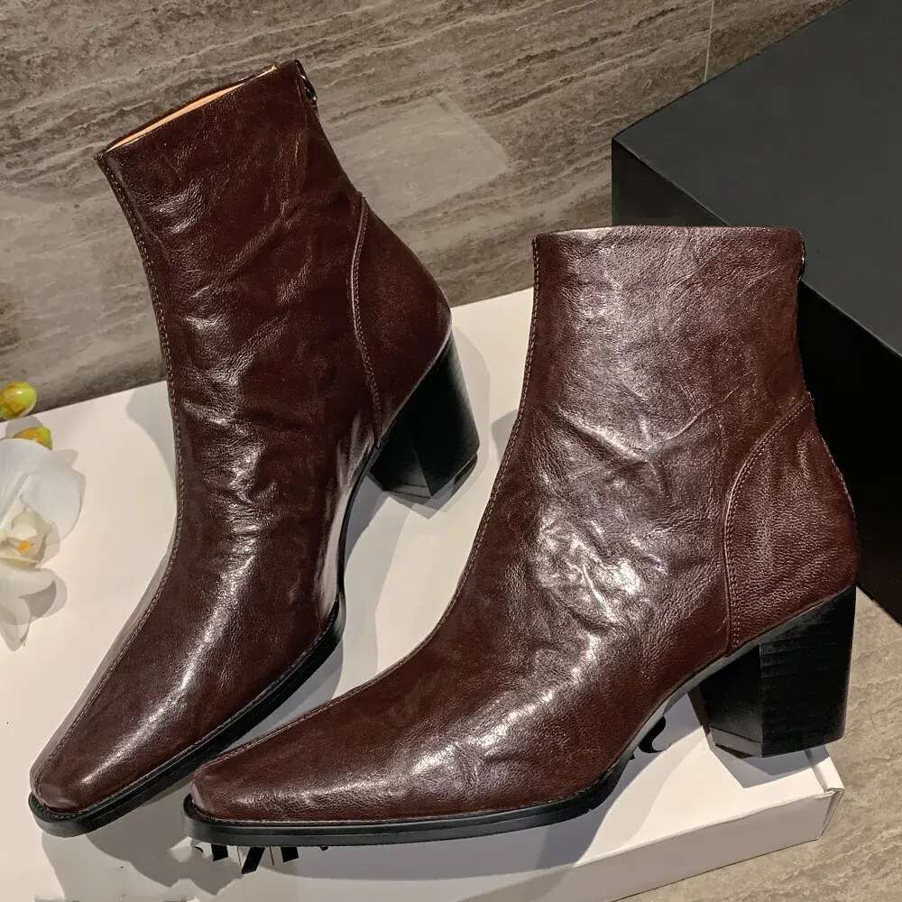 Elegant ladies 6cm thick med heel autumn ankle boots square toe pleated sheepskin soft comfortable short booties shoes for women 1f50
