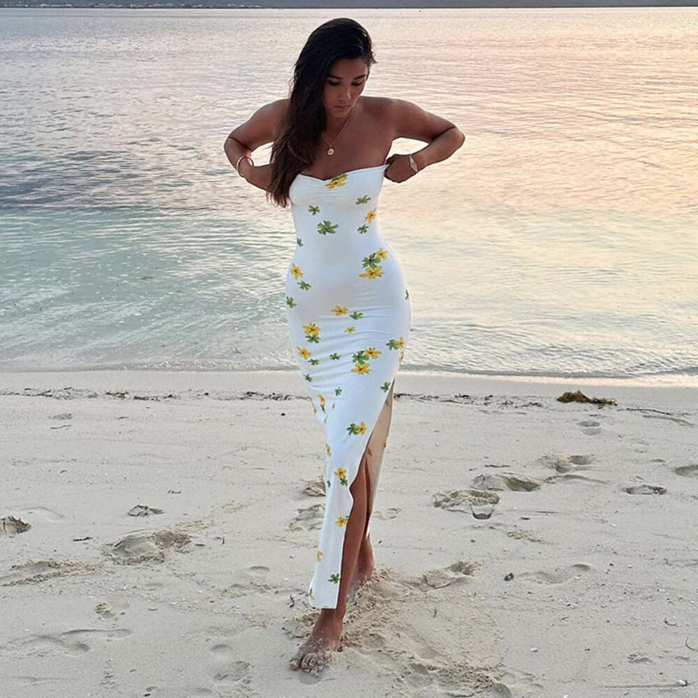 Instagram Holiday Style Sexy Wrapped Chest 2024 New Slim Fit Flower Print Split Long Dress F41921