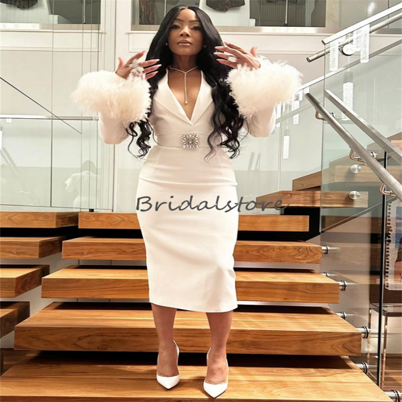 Aso Ebi White Feather Prom Dresses With Long Sleeve Sexy V Neck Tea Length Midi Evening Dress Black Women Holiday Outfit Vestios De Gala 2024 Cocktail