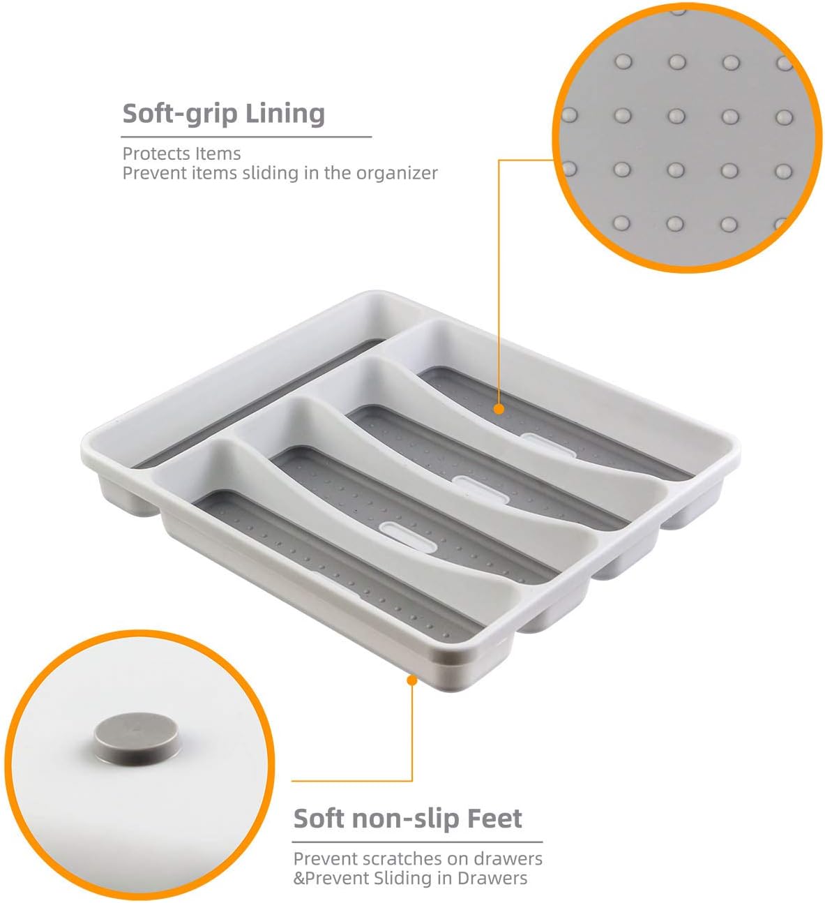 LeMuna Silverware Tray for Drawer, Plastic Cutlery Tray Kitchen Drawer Organizer, 5 Compartment Flatware Cutlery Organizer, Soft-Grip Lining and Non-S