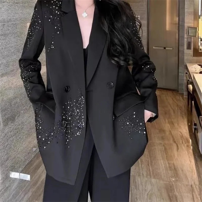 High-grade Rhinestone Black Small Suit Jacket Female 2025 Spring and Autumn Double-breasted Loose Casual Fashion Blazer Top 241118