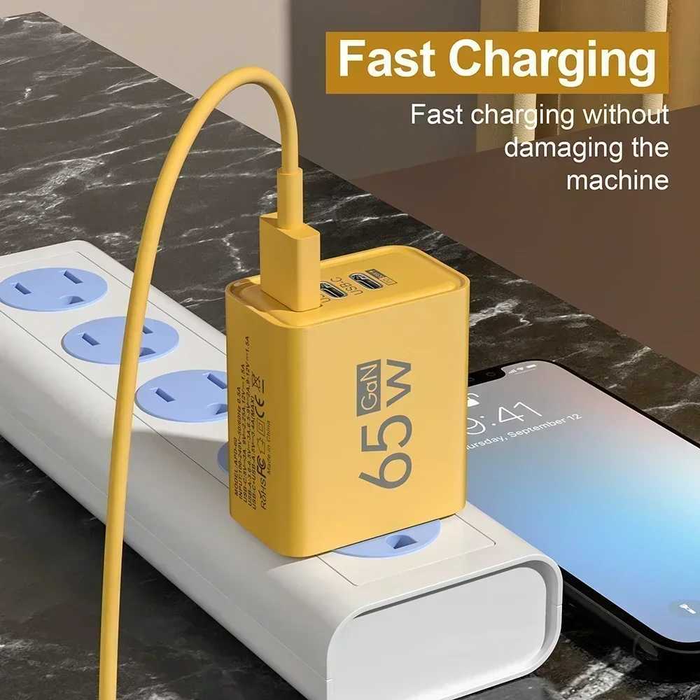 65W 3-Port GaN USB PD Phone Charger USB C to Type C High Speed Charging Data Cable QC3.0 Phone Wall Adapter Y241119