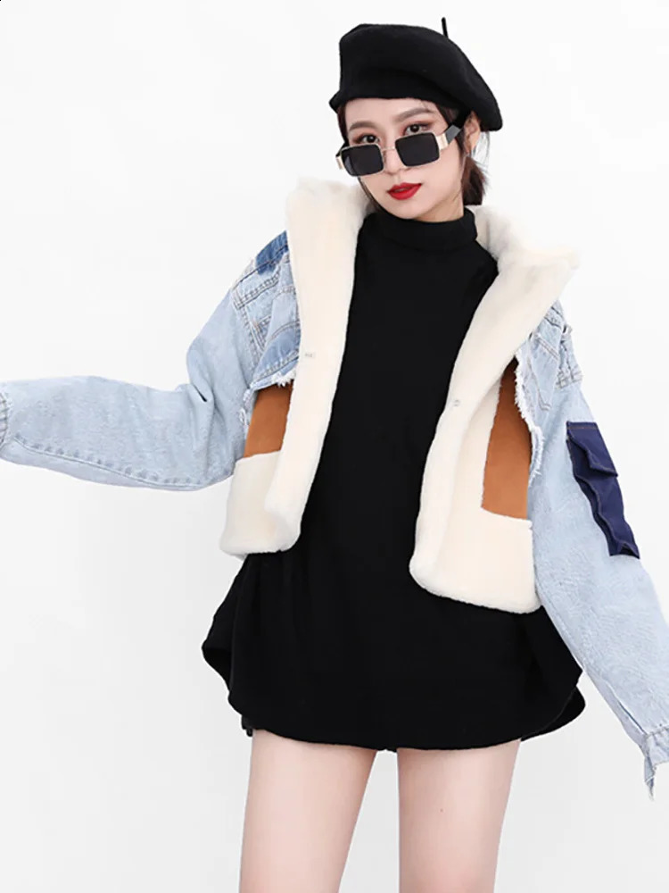 DEAT Autumn sheep fur turndown collar full sleeves denim blue patchwork spliced clothes letters printed coat trench WJ1020 241119