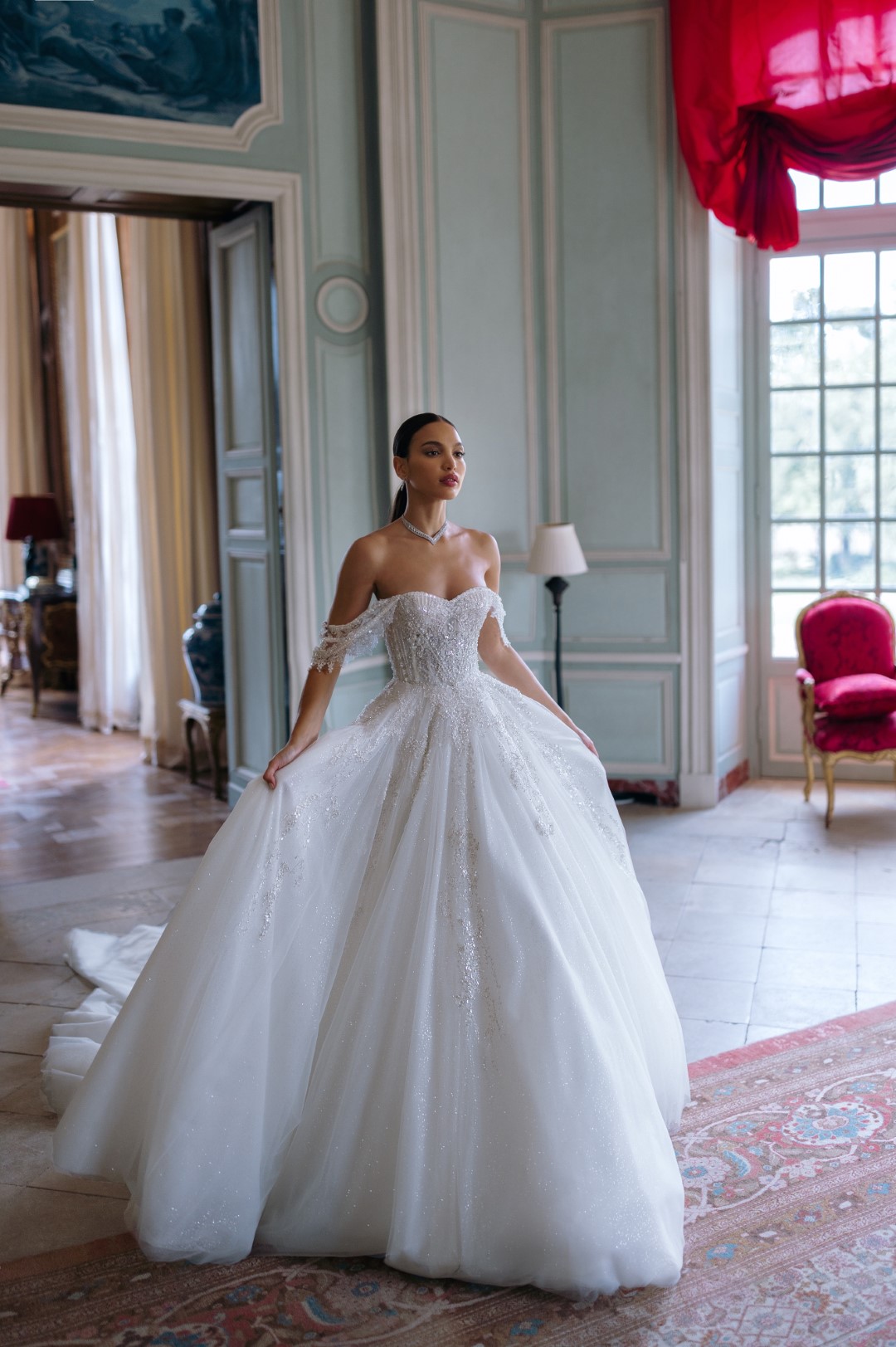 Stunning Beading Pearls Appliques Sweetheart A-Line Wedding Dress Delicate Lace Off Shoulder Short Sleeves Bridal Gowns 2024
