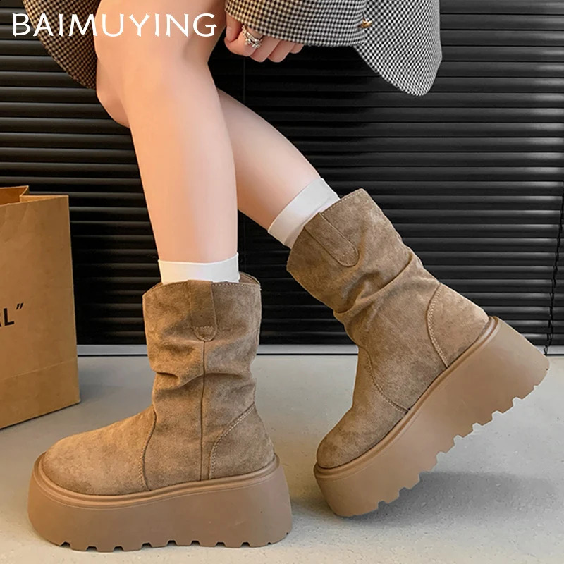 Suede Platform Women Ankle Boots er Mid Heels Shoes Winter Trend Walking Non-slip Winter Botas De Mujer 241118