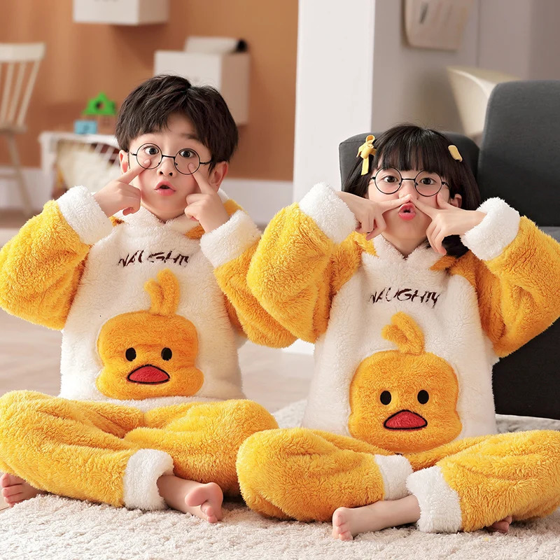 Winter Childrens Pajamas Childrens Plush Thick Pajama Set Pajamas Boys and Girls Pajamas Hoodies Pajamas 4 6 8 12 Years 241118