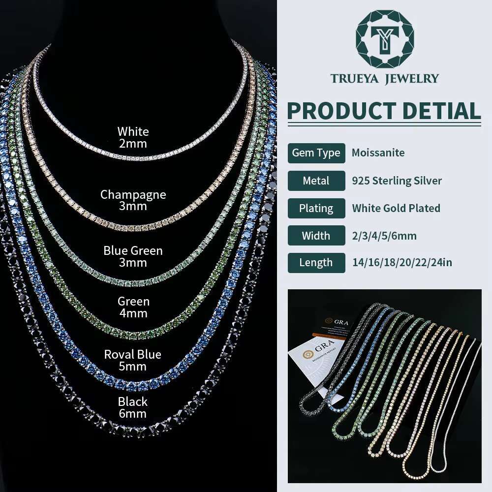 Iced Out Chain Sier 3-6Mm Round Dia Colorful Moissanite Tennis Necklace Fashion Jewelry For Man And Women
